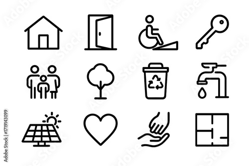 Inclusive Housing Icons. Outline icon set of Inclusive housing: house, open door, wheelchair ramp, key, family