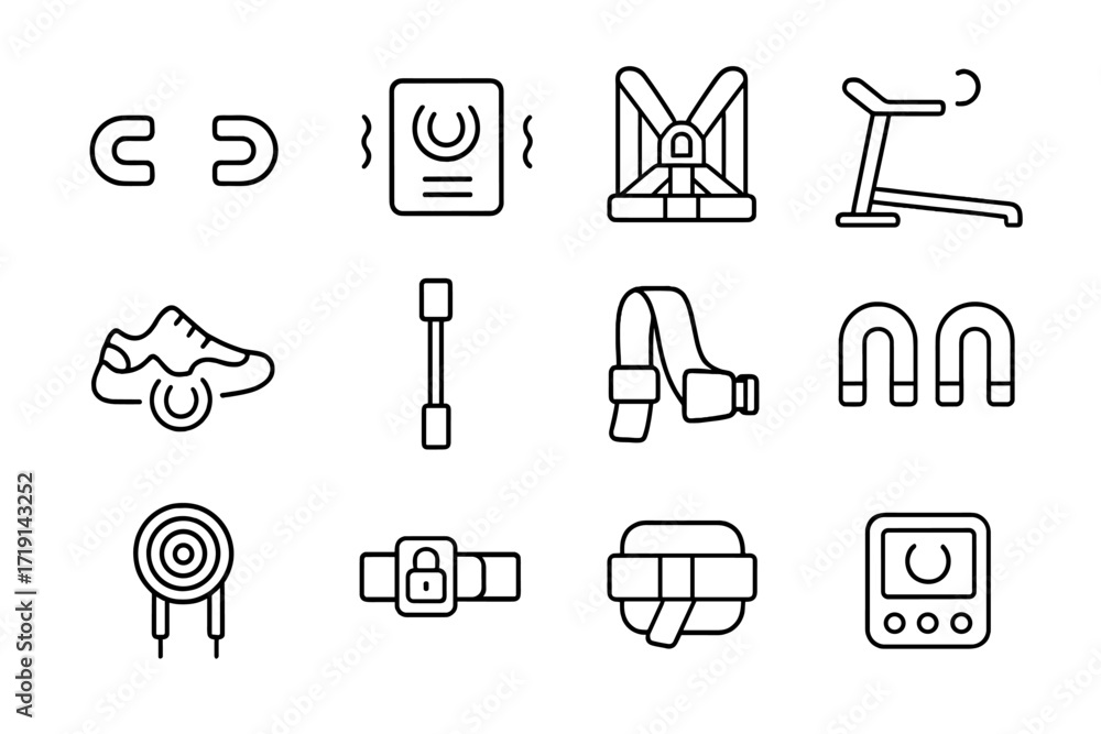 Fototapeta premium Magnetic Fitness Icons. Outline icon set of Magnetic resistance machines: magnetic dumbbell, force panel,