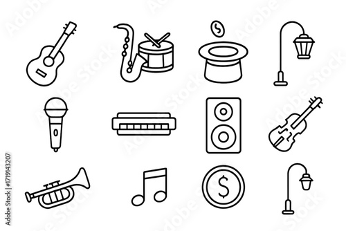 Street Musician Icons. Outline icon set of Street musicians candid: guitar, saxophone, drum, open hat,