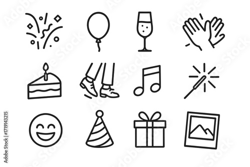 Celebration Icon Set. Outline icon set of Unscripted celebrations: confetti, balloon, champagne glass,