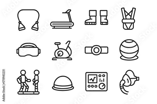 Zero-Gravity Gym Icons. Outline icon set of Zero-gravity gyms: resistance band, floating treadmill, magnetic