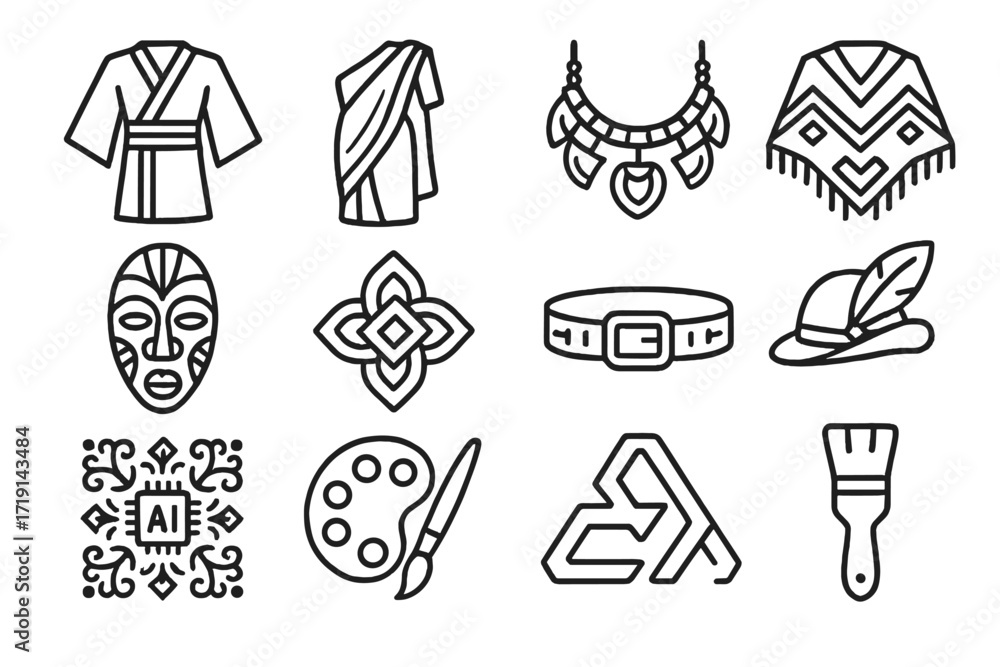 Fototapeta premium Cultural Fusion Icons. Outline icon set of Generative cultural fusion fashion: kimono outline, sari sketch,