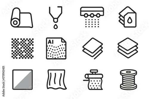 Textile Printing Icons. Outline icon set of Generative textile printing: fabric roll, ink nozzle, printhead,