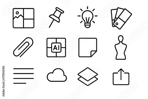 Fashion Moodboard Icons. Outline icon set of Fashion moodboards: image collage, pin icon, inspiration bulb,