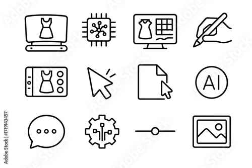 Fashion AI Icon Set. Outline icon set of Fashion AI interfaces: holographic screen, neural chip, dashboard