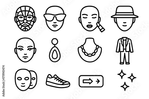 AR Fashion Filter Icons. Outline icon set of AR fashion filters: face mesh, sunglasses overlay, AI lipstick,