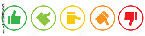 Set of colourful hand gesture icons including thumbs up, thumbs down, and neutral signs in circles. Perfect for feedback, ratings, approvals, user reviews, and reaction graphics. Icons, vector.