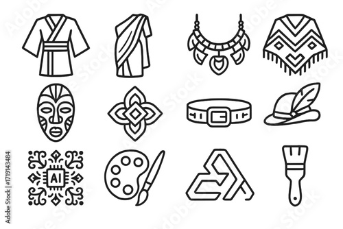 Cultural Fusion Icons. Outline icon set of Generative cultural fusion fashion: kimono outline, sari sketch,