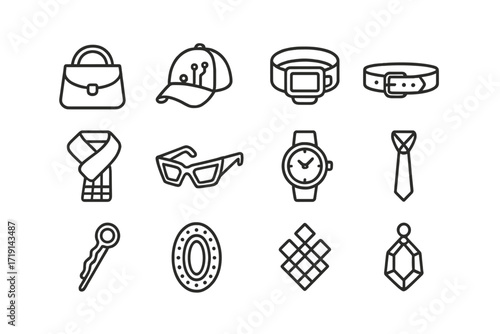 Futuristic Accessories Icons. Outline icon set of Generative accessory design: purse sketch, AI hat,