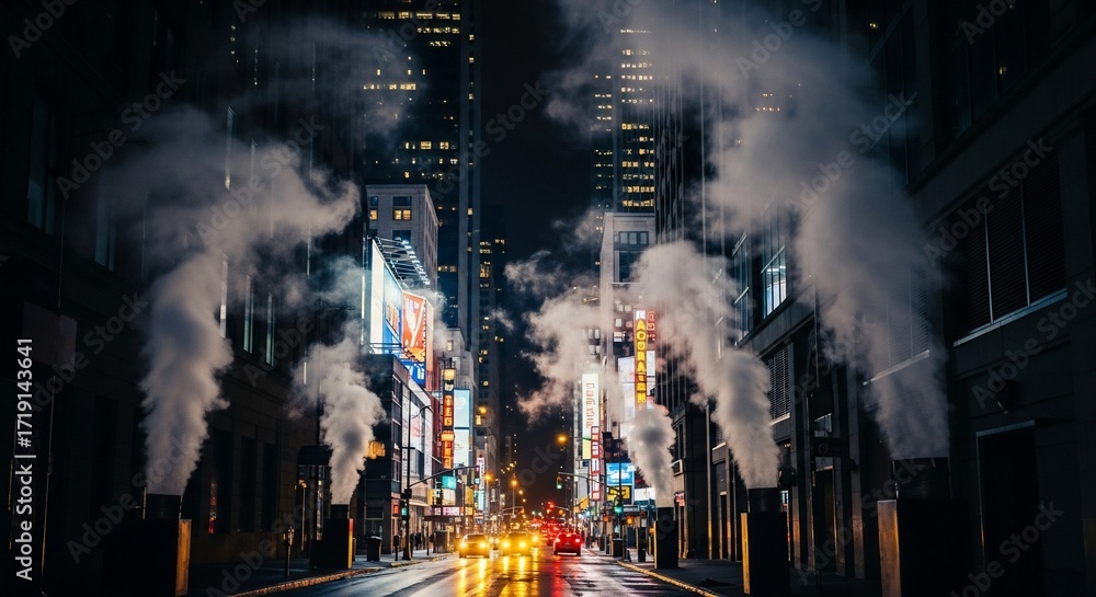 Fototapeta premium Steam plumes rise from city vents on a wet night, illuminated by streetlights and neon signs