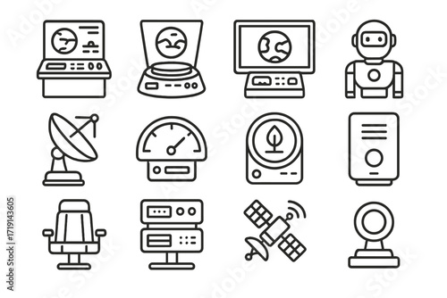 Terraforming Command Icons. Outline icon set of Terraforming command centers: control desk, hologram map, main