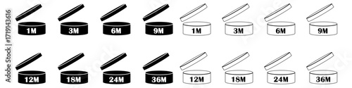Set of PAO cosmetic expiry symbols vector form 1m to 36m. Ideal for skincare, beauty packaging, product labelling, and regulatory design needs.