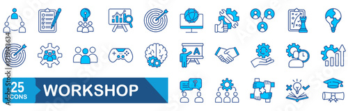Workshop set of web icons. Business Workshop icons for web and mobile app. Containing team building, teamwork, coaching, meeting, managing, coaching, motivation and more