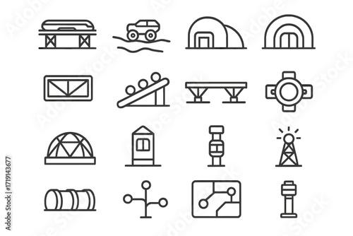 Terraforming Infrastructure Icons. Outline icon set of Terraforming transport infrastructure: maglev track,
