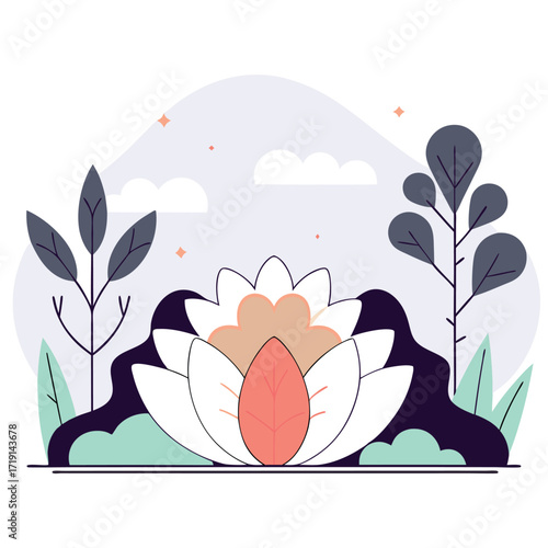 Calm floral illustration of a lotus flower with leaves for yoga or meditation.