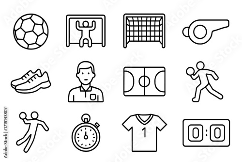Handball Icons Grid. Outline icon set of handball: ball, goalkeeper, goal net, whistle, shoes, referee, court