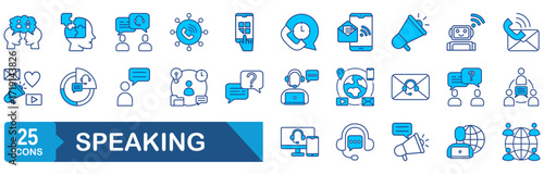 Speaking set of web icons. Communication icons for web and mobile app. Containing people, communication, talking, discussion, speech bubble, team, support and more