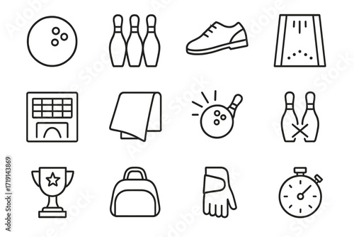 Bowling Icons Set. Outline icon set of bowling: bowling ball, pins, shoes, lane, scoreboard, towel, strike