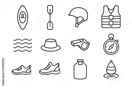 Kayaking Gear Icons. Outline icon set of kayaking: kayak, paddle, helmet, life vest, river waves, spray skirt,