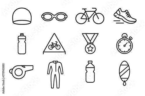 Triathlon Gear Icons. Outline icon set of triathlon: swim cap, goggles, bike, running shoes, water bottle,