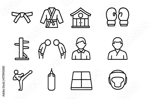 Martial Arts Icons. Outline icon set of martial arts: belt, gi uniform, dojo, sparring gloves, wooden dummy,