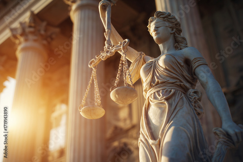 Lady Justice statue with blindfolded figure and scales before a classical courthouse at sunset — symbolizing law, fairness, balance and judicial integrity