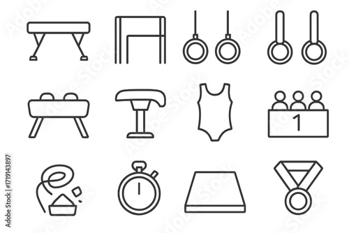 Gymnastics Icons Grid. Outline icon set of gymnastics: balance beam, uneven bars, rings, pommel horse, vault,