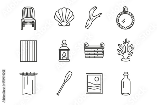 Coastal Style Icons. Outline icon set of coastal style: wicker chair, seashell decor, rope mirror, driftwood,