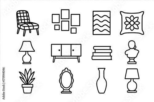 Eclectic Interior Icons. Outline icon set of eclectic interior: patterned chair, gallery wall, bold rug,