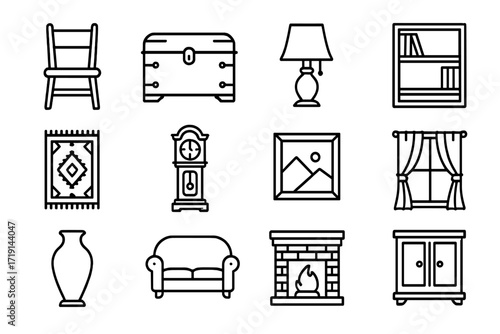Traditional Design Icon Set. Outline icon set of traditional design: wooden chair, chest, table lamp,