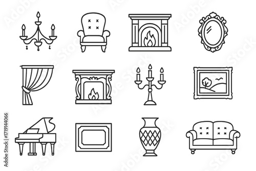 Luxury Icon Set. Outline icon set of luxury classic: chandelier, velvet chair, marble fireplace, ornate mirror