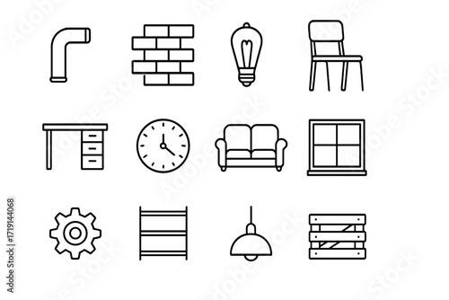 Industrial Design Icons. Outline icon set of industrial design: metal pipe, exposed brick wall, Edison bulb,