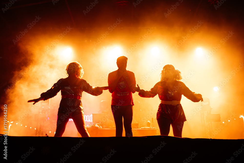 Fototapeta premium Silhouetted Drag Queens Commanding the Stage at a Vibrant Evening Performance