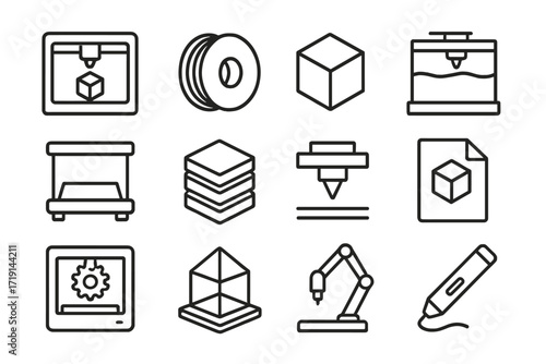 3D Printing Icons. Outline icon set of 3D printing: 3D printer, filament spool, printed cube, resin vat,