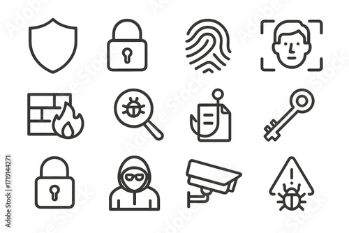 Cyber Security Icons. Outline icon set of cyber security: shield, lock, fingerprint, face ID, firewall, virus