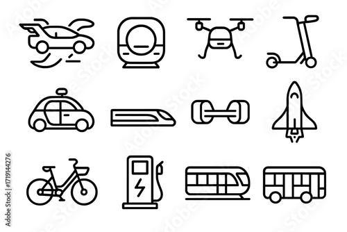 Futuristic Transport Icons. Outline icon set of futuristic transport: flying car, hyperloop pod, drone taxi,