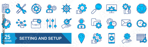 Settings and setup set of web icons . Setup icons for web and mobile app. Settings, installation, maintenance, update, download, configuration, options, control. Vector illustration