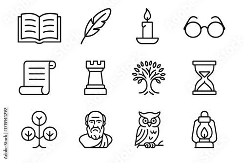 Elders' Wisdom Icons. Outline icon set of wisdom of elders: open book, feather pen, candle, glasses, scroll,