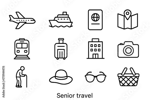 Senior Travel Icons. Outline icon set of senior travel: airplane, cruise ship, passport, map, train, suitcase,