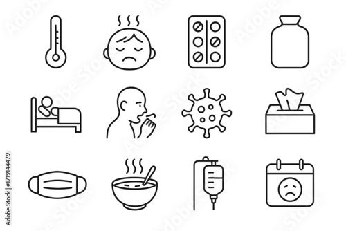 Flu & Fever Icons. Outline icon set of flu and fever: thermometer high, fever face, pill pack, hot water