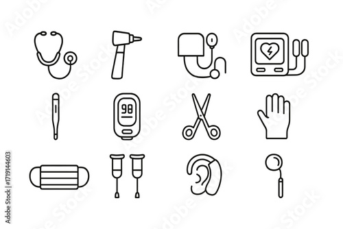 Medical Equipment Icons. Outline icon set of medical equipment: stethoscope, otoscope, blood pressure cuff,