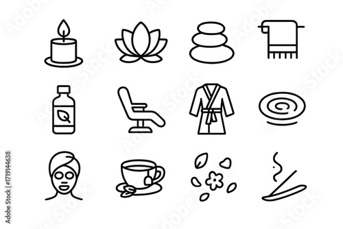 Spa Icon Set. Outline icon set of spa and relaxation: candle, lotus flower, hot stones, towel, essential oil,