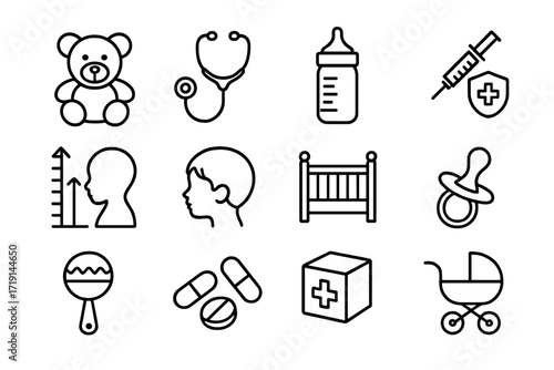 Children's Health Icons. Outline icon set of children’s health: teddy bear, pediatric stethoscope, baby bottle