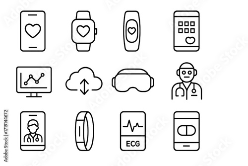 Digital Health Icons. Outline icon set of digital health: smartphone with heart, smartwatch, fitness tracker,