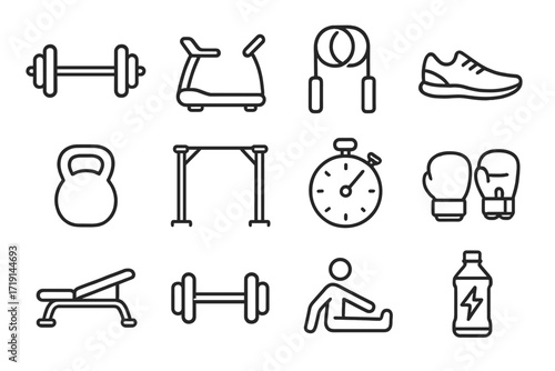 Fitness Icon Set. Outline icon set of fitness and training: barbell, treadmill, skipping rope, running shoe,