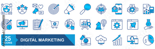 Digital marketing set of web icons. Marketing icons for web and mobile app. Communication, advertising, ecommerce, seo, content, product, target audience, website, social media and more