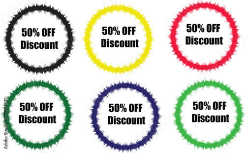 A collection of colorful discount badges displaying fifty percent off in a circular arrangement design