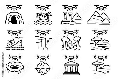 Drone Exploration Icons. Outline icon set of drone exploration: cave entrance, island coast, ancient ruins,