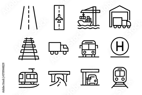 Aerial Transport Icons. Outline icon set of aerial transport views: highway, airport runway, shipping port,