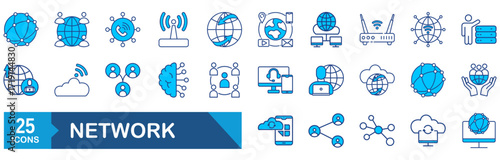 Network Web Icon Set. Collection of Information Technology Linear Icons, Including connection, communication, technology, internet, IT, router, signal, wireless and more. Editable Stroke